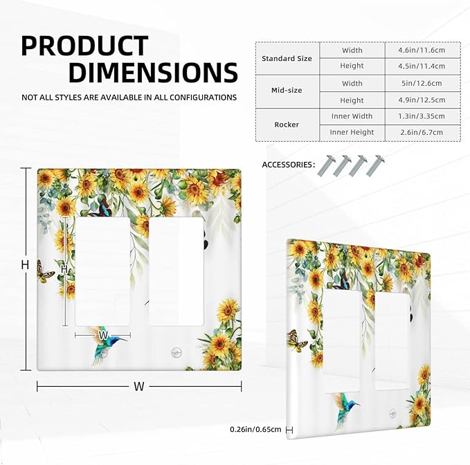 Yellow Sunflower Blue Hummingbird Butterfly Double Rocker/Decora Outlet Cover Rustic Farmhouse Floral Plant 2 Gang Light Switch Cover Decorative Gfci Wall Plate Electrical Switchplate for Home
