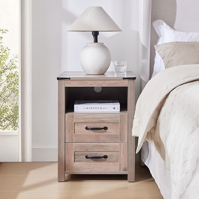 Sierra Rustic Night Stand, Farmhouse End Table, Modern Bedside Table with 2 Storage Drawers and Open Shelf, Tall Nightstand for Bedroom