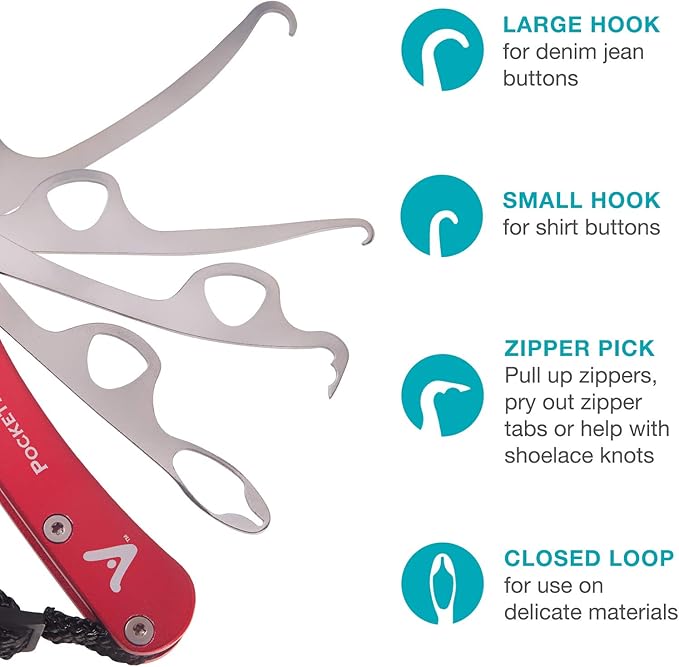 Vivi Zipper Pull and Button Hook Pocket Dresser and Dressing Aid for Assistance with Button Hooks, Zipper Pulls and Shoelaces