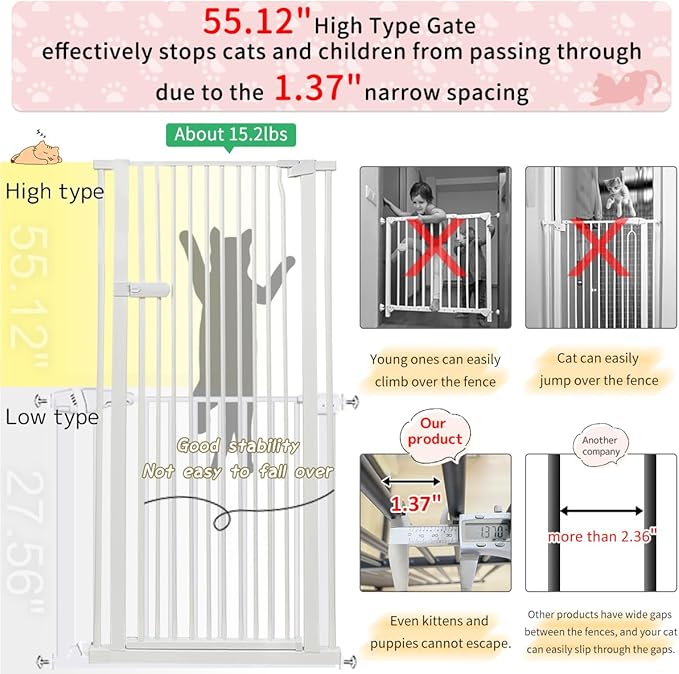 Lumizone Extra Tall Cat Gate 55.12" High Pressure Mounted Extra Wide 2025 New (17 Sizes) 1.37" Gap No Drilling Auto-Close One-Handed Operation Tall Pet Gate for Dogs(White, 55.12" H x 75.98"-80.11" W)