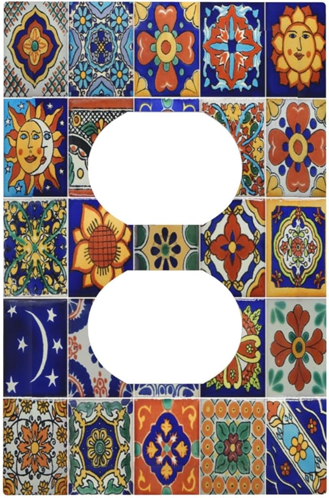 Outlet Covers Mid Century Talavera Shaped Tiles 1 Gang Duplex Wall Plate Decorative Switch Plates Electrical Receptacle Faceplate Light Switch Cover for Bedroom Bathroom Decor