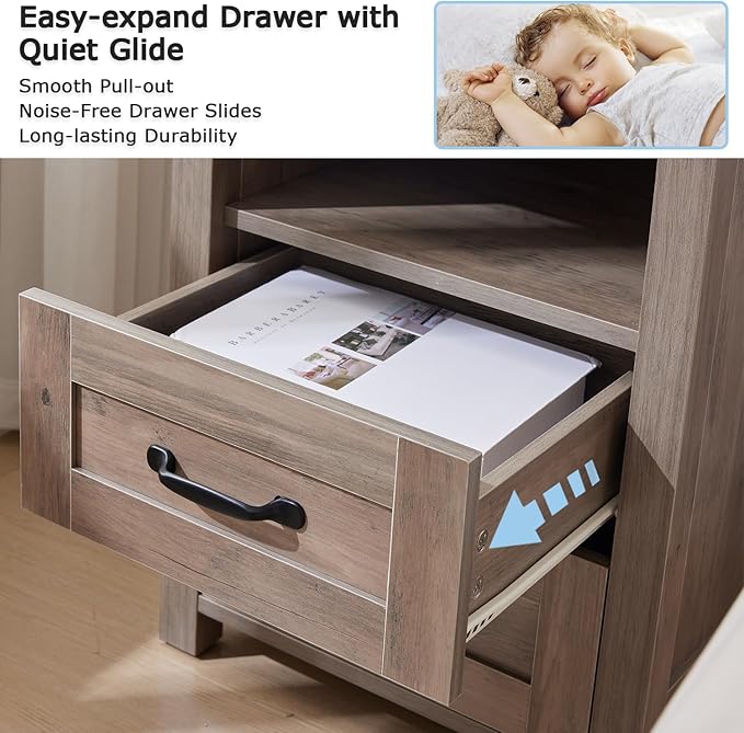 Sierra Night Stand Set of 2, Rustic End Table with Charging Station, Farmhouse Tall Nightstand for Bedroom, Drawer Dresser Bedside Table with Open Storage Shelf