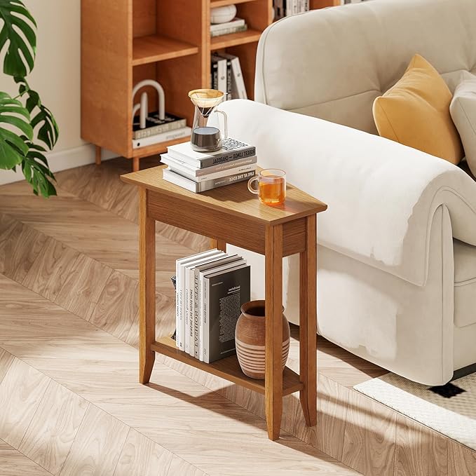 Giantex Wedge End Table, Triangle Side Table with Storage Shelf and Solid Wood Legs, 24.5" Tall Nightstand, Modern Narrow Accent Recliner Table for Small Space Living Room, Walnut