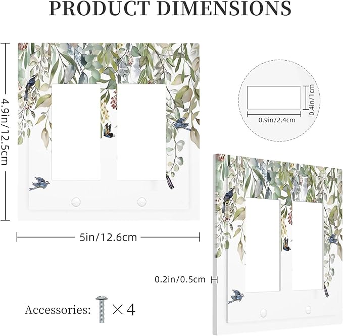 Green Leaf Eucalyptus Leaves Floral Bird Butterfly Decorative Outlet Covers 2 Gang Double GFCI Rocker Electrical Wall Panels Light Switch Cover Plate for Bed Room Living Room Decor