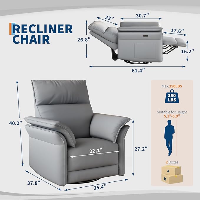 IDEALHOUSE Power Recliner Chair, 270° Swivel Rocking Glider with USB Charging Port, PU Leather Upholstered Fabric and Double-Layer Armrests, Nursery Chair for Living Room, Nursery (Power Grey)