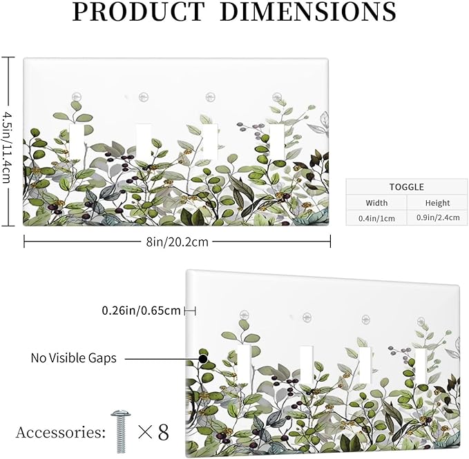 Watercolor Green Eucalyptus Leaves Plants Fruit Light Switch Covers Quad Toggle Electrical Faceplate 4 Gang Wall Plate Decorative Switch Plates for Bed Room Living Room Decor