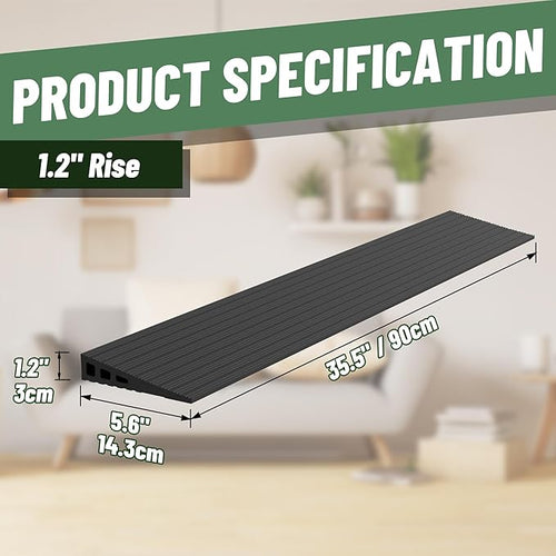 1.2" Rise Threshold Ramps for Doorways, 35.5" Wide Natural Rubber Power Wheelchair Ramp is Adjustable and Cuttable for Doorways, Curb, Sweeper, Power Scooters, 2000 Lbs Load Capacity