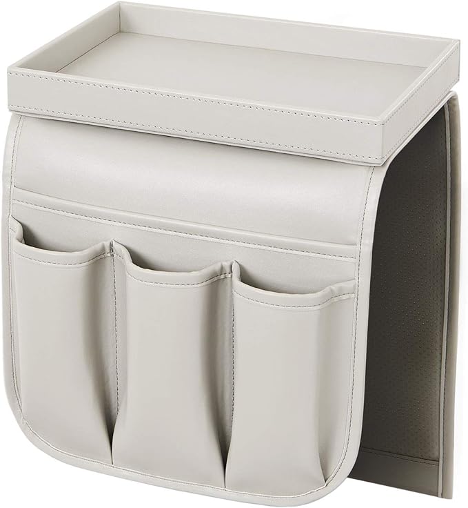 Couch Remote Caddy Control Holder Sofa Synthetic PU Leather Organizer with Detachable Tray for Recliner Chair Armrests with 4 Slots - 1 Large Pockets and 3 Small Pockets (Grey)