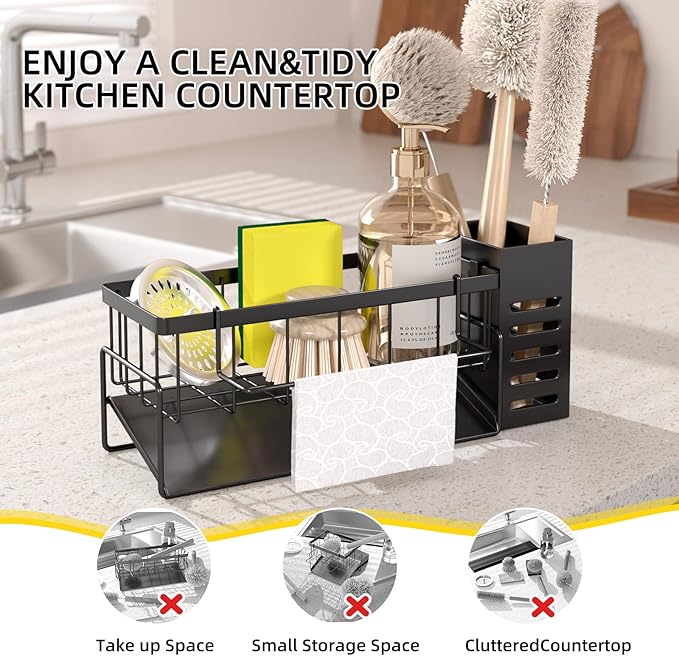 NET MEYA Kitchen Caddy Sink Organizer,Sponge Holder with Dish Brush Holder,Sponge Caddy Soap Dispenser Storage,304 Stainless Steel Kitchen Sink Accessories