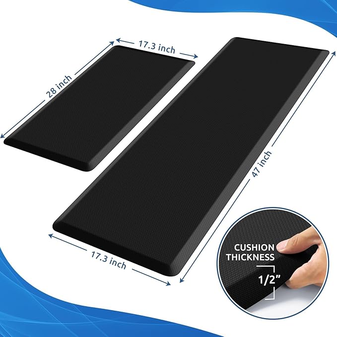 KitchenClouds 2PCS Kitchen Rugs Cushioned Anti-Fatigue Non-Slip Waterproof Kitchen Mat Comfort Foam Standing Mat for Floor Office Sink Laundry (Black)