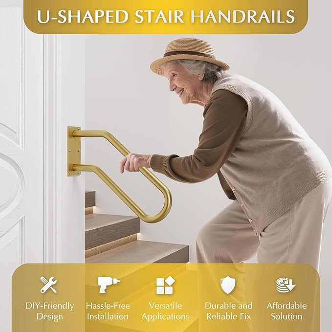 Hand Rails for Outdoor 1-2 Steps, Indoor Stairs, Bathroom, Wall Mount Non-Slip U-Shape Stair Hand Railing Gold 1 Pack