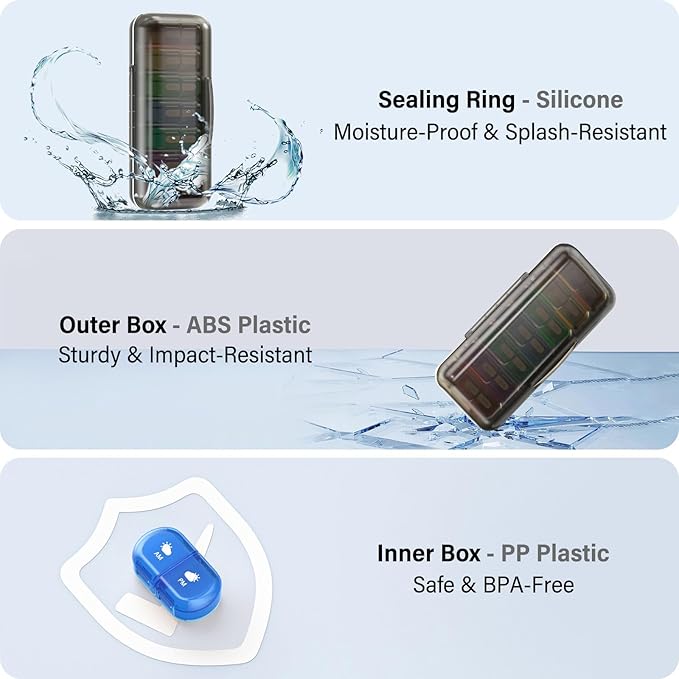 Weekly Pill Organizer 2 Times a Day, Moisture-Proof, Detachable Compartments, AM PM Pill Box 2x 7 Day, Travel Pill Organizer for Pills/Fish Oil/Medication/Vitamin/Supplements (Black + Colorful)