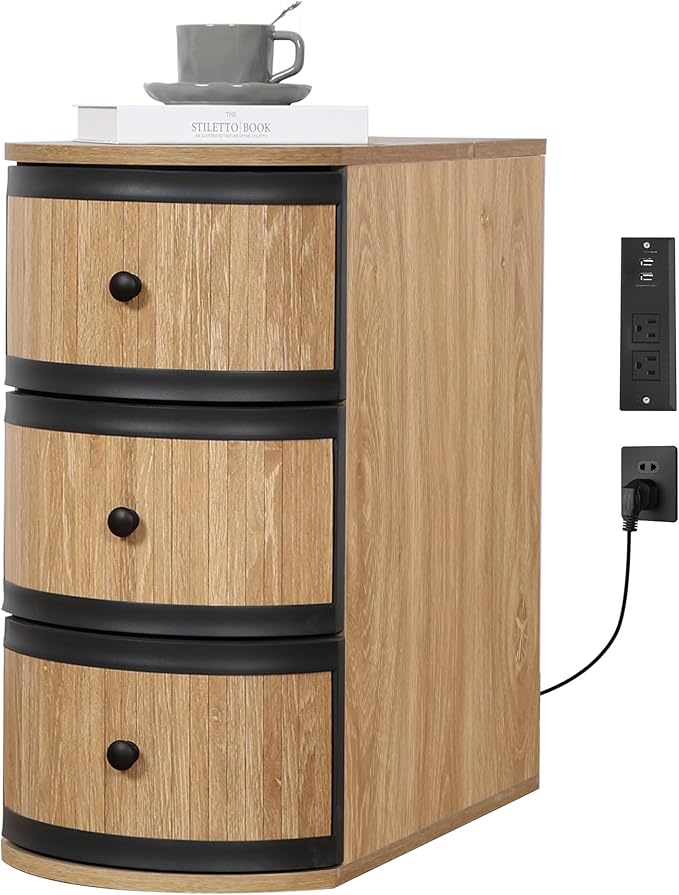 End Table with Charging Station for Couch,Mid-Century Modern Narrow Sofa Side Table with Drawer for Living Room,Small Bed Side Table for Bedroom (Natural, MCM)