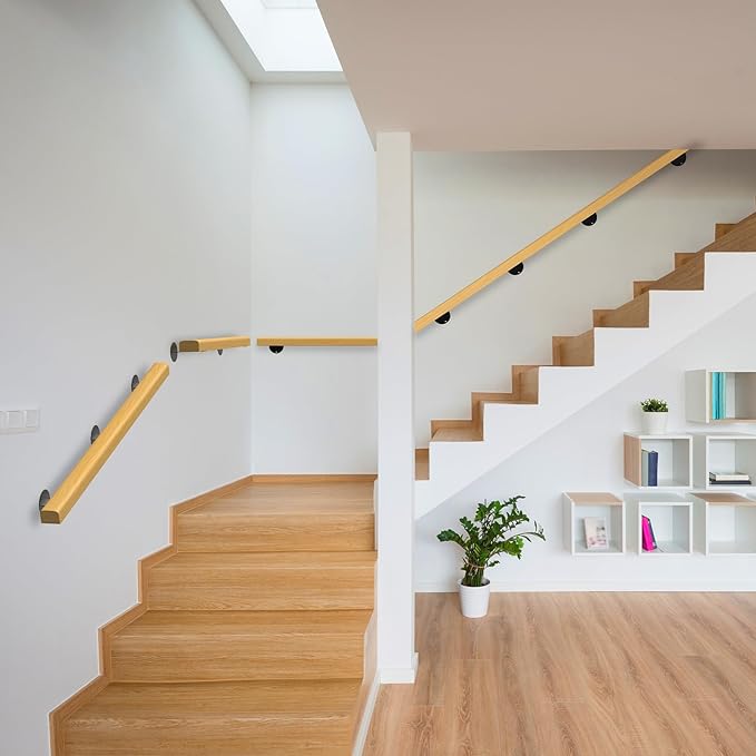 6FT Wooden Stair Handrails,Hand Railings for Stairs Indoor Outdoor Wall Mount Support Wood Handrails,Non-Slip Sturdy Staircase Handrail Safety Grab Bar Rod Complete Kit for Home,Lofts,Guardrail