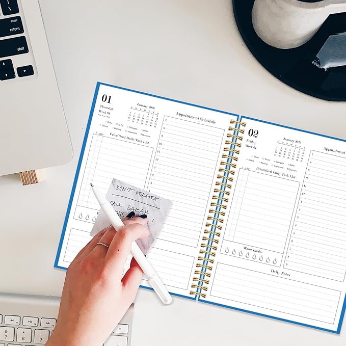 Daily Planner 2026 - Full Page Per Day, Jan 2026 to Dec 2026, 2026 Daily Planner with Spiral Bound, Inner Pocket, Perfect for School Office Supplies, 7'' x 10'', Blue