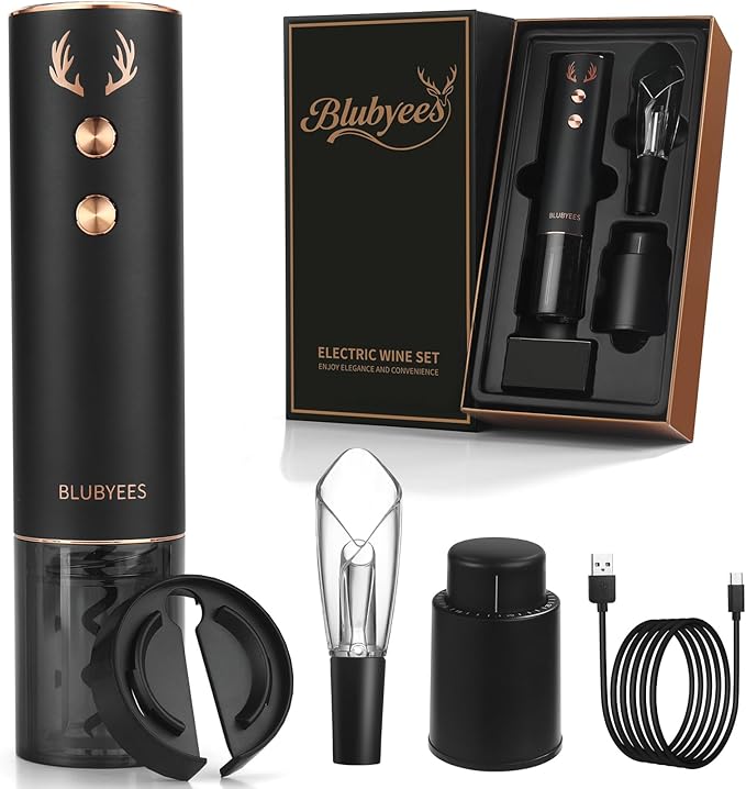 4-in-1 Rechargeable Electric Wine Opener Set - Automatic Corkscrew, Foil Cutter, Aerator Pourer, Vacuum Stopper - Wine Lovers Gifts for Women and Men