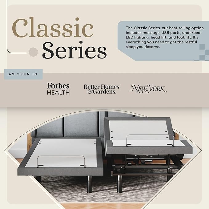 Sven & Son Classic Adjustable Bed Base, Head and Foot Lift, Massage, Under-Bed Lights, USB, Gel Memory, Zero Gravity Smart Frame - Split King