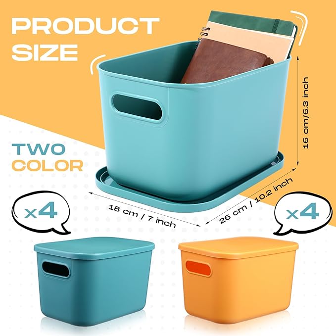 Hoolerry 8 Pieces Colorful Storage Bins with Lid, Plastic Storage Basket Organizing Container Stackable Box with Handle for Shelves Desktop Playroom Office(10.2 x 7 x 6.3 Inch,Green and Yellow)