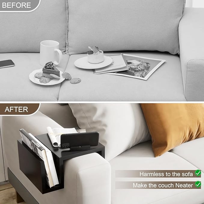 Wooden Couch Cup Holder with Side Storage Pocket Wooden Couch Armrest Table Sofa Arm Tray for TV Dinners Eating Drinks Snacks (Black)