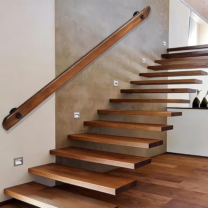 Wood Handrails, Indoor Non-Slip Staircase Handrail,Retro Rustic Wall Mount Railings Handrails, Home Loft Corridor Support Rod,Industrial Pipe Support, Easy to Install (Dark Wood, 9FT)