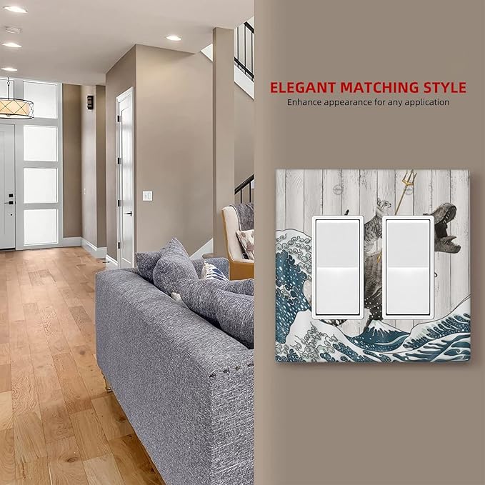 Outlet Covers Funny Cat Cool Cat Dinosaur Sea Wave Wood Double Rocker Light Switch Covers Decorative 2 Gang Receptacle Wall Plate Decora Gfci Electrical Device Switchplate for Farm Bathroom