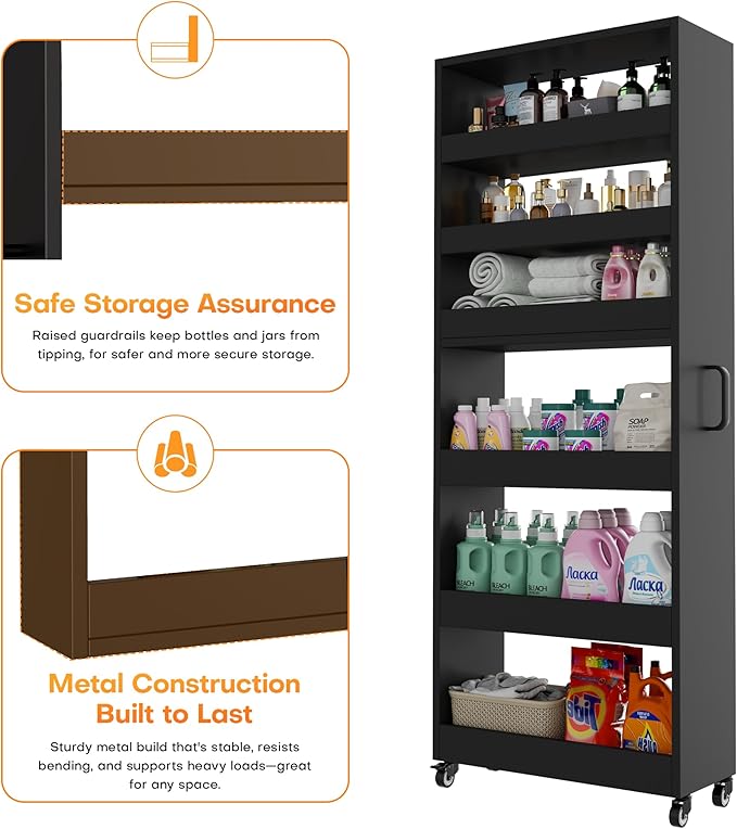 Slim Storage Cart, Lightweight 6 Tier Metal Rolling Utility Kitchen Cart on Wheels, Mobile Storage Shelving Unit Organizer for Bathroom Laundry Office (Black, 10" D)