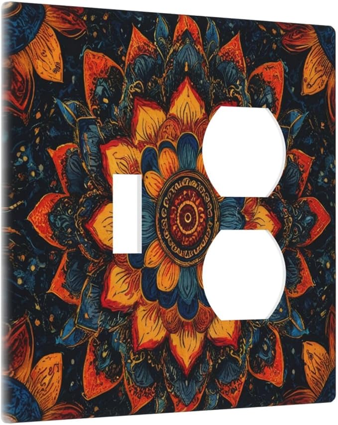 Colorful Oriental Floral Blooming Mandala Flower Outlet Covers 2 Gang Combination 1 Toggle/1 Duplex Light Switch Cover Decorative Gfci Wall Plate Electrical Receptacle Switchplate Bathroom