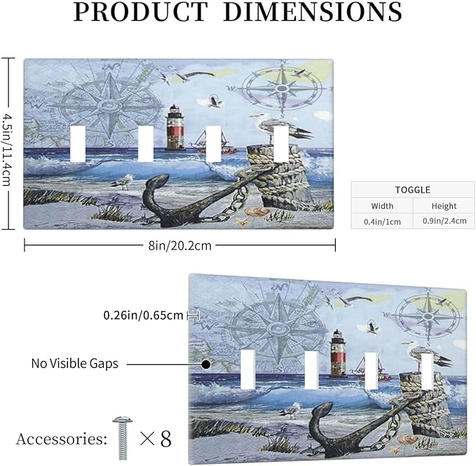 Light Switch Cover Sea Ocean Sand Coast Compass Ship Lighthouse Anchor 4 Gang Switch Plate Quad Toggle Wall Plates Decorative Switchplate Electrical Outlet Cover Plates for Bathroom Decor