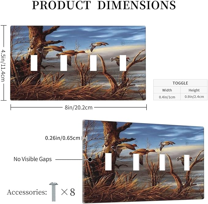 Hunting Flying Wild Ducks Quad Toggle Light Switch Covers Decorative 4 Gang Wall Plate Covers Fall Lakeside Reed Wildlife Animal Mallard 4 Hole Device Electrical Switchplate for Bathroom Decor