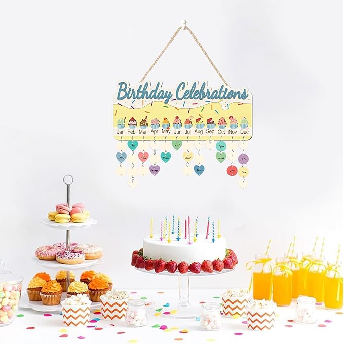 KAlRNE Birthday Calendar Wall Hanging,Family Days Wooden Plaques with Tags,Birthday Celebrations Calendar,Cake Sign Reminder Board,Gifts for Kids Grandparent Anniversary Special Event Classroom Decor