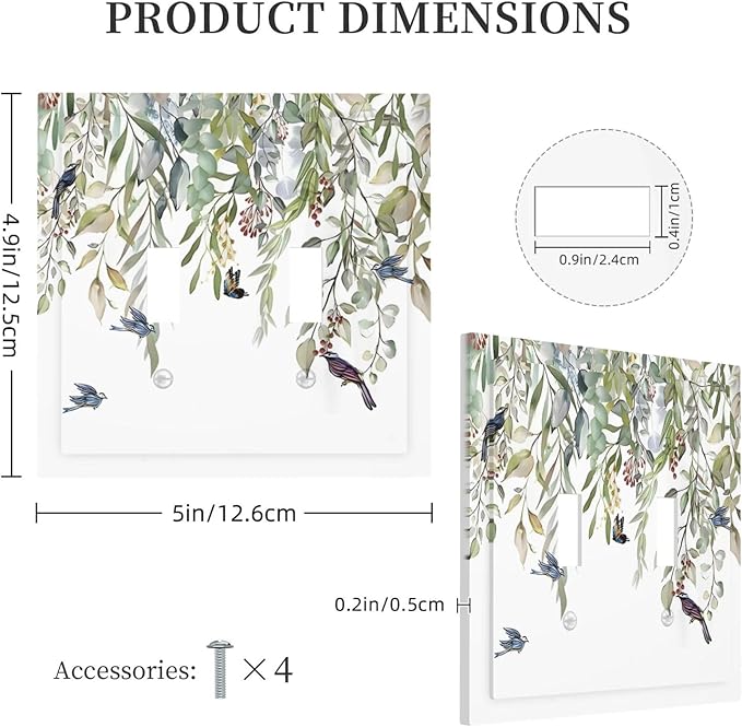 Green Leaf Eucalyptus Leaves Floral Bird Butterfly Decorative Switch Plates 2 Gang Double Toggle Outlet Light Switch Cover Wall Plate Electrical Faceplate for Bed Room Living Room Decor