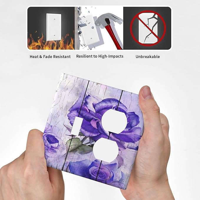 Decorative Light Switch Cover Plate Purple Flower Modern Floral 2 Gang Outlet Covers 1 Toggle 1 Duplex Wall Plate Decorate Electrical Switch Plate Covers for Bedroom Kitchen Decor
