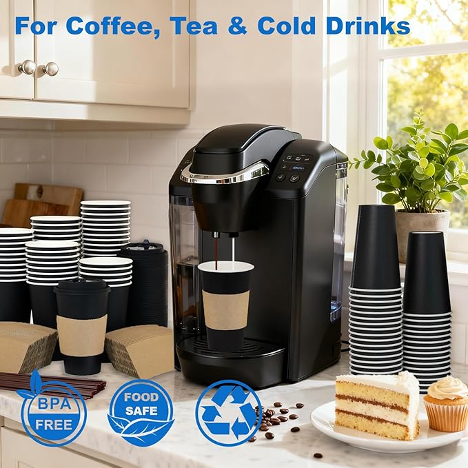 16 oz 100 Pack Coffee Cups with Lids and Sleeves, Straws, Hot Disposable To Go Travel Paper Cups Bulk for Office, Home Coffee Bar Accessories, Chocolate, Cocoa, Beverage (Black)