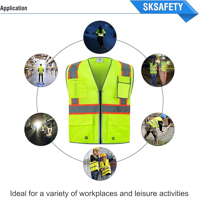 SKSAFETY 10 Pockets Safety Vest, Class 2 High Visibility Security with Zipper Double-sided mesh, Hi Vis Vest with Reflective Strips, ANSI/ISEA Standard, Construction Work Vest （Lime, 5XL）