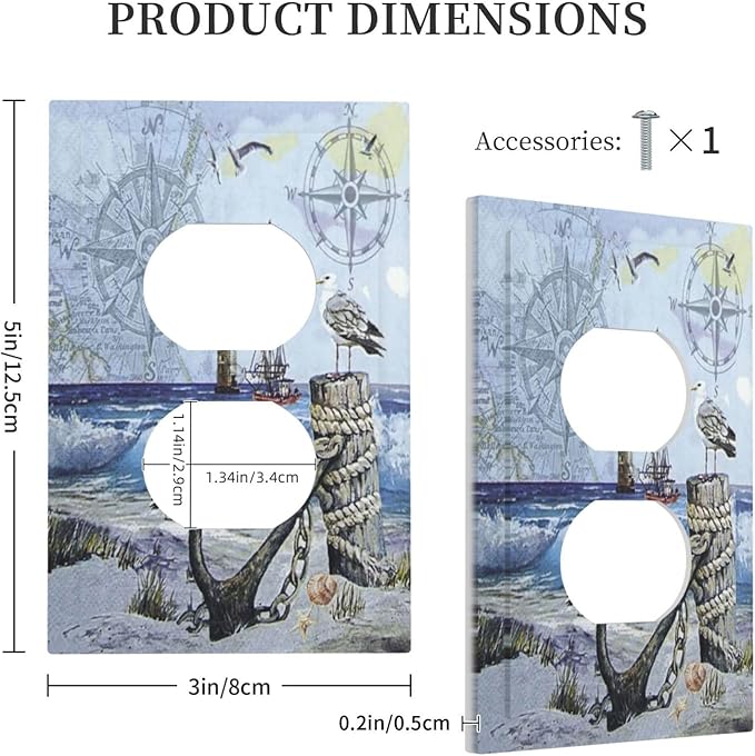 Outlet Covers Sea Ocean Sand Coast Compass Ship Lighthouse Anchor 1 Gang Duplex Light Switch Cover Plate Decorative Wall Plates Electrical Switchplate Receptacle Cover for Bathroom Decor