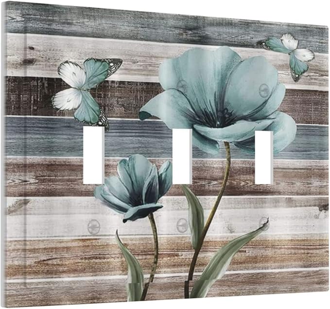 Rustic Vintage Teal Floral Barn Wood 3 Gang Light Switch Covers Decorative Triple Toggle Wall Plate Cover Turquoise Flower Butterfly 3 Hole Electrical Device Switchplate for Farmhouse Bathroom