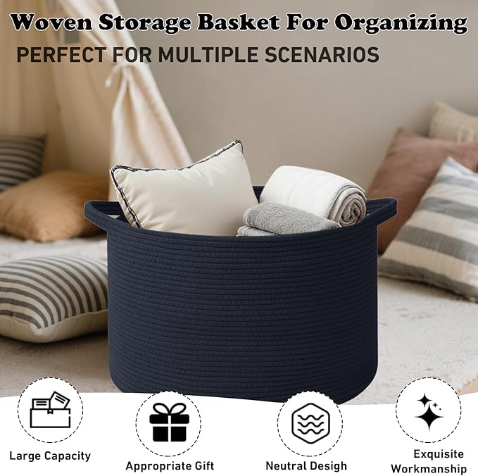Large Storage Basket with Handle,23.6" x 23.6" x 15.7" Blanket Basket Storage Bins for Organizing,65L Cotton Rope Woven Baskets for Living Room, Nursery,Bedroom,Navy