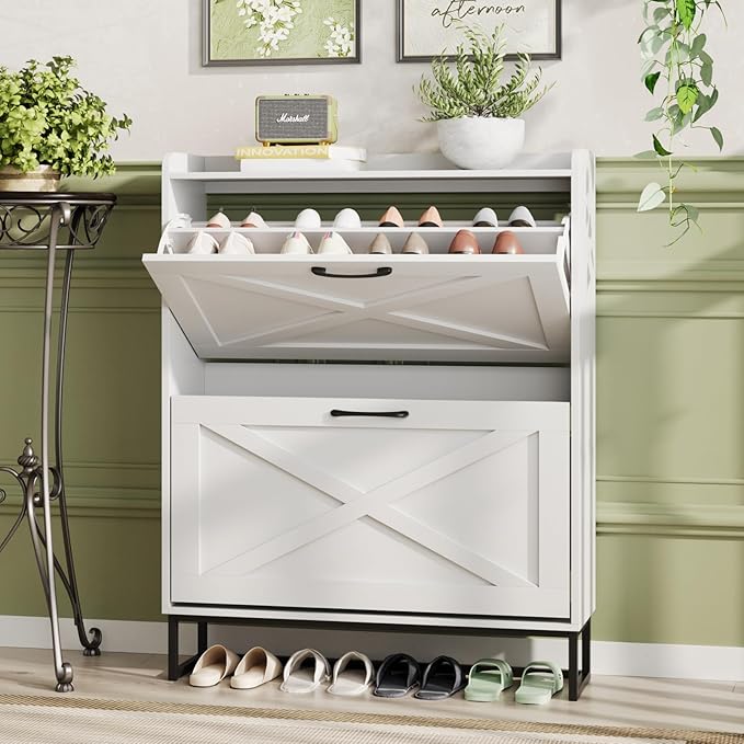 Maupvit Shoe Cabinet with 2 Flip Drawers, Freestanding Shoe Cabinet Organizer with Metal Legs, Shoes Storage Cabinet for Entryway, Narrow Shoe Rack Cabinet, White