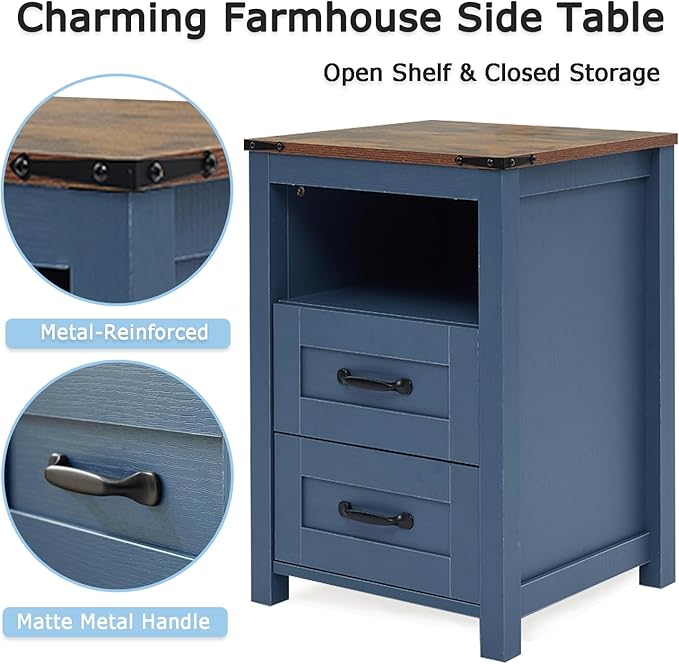 Blue Rustic Night Stand Set of 2, Farmhouse End Table, Modern Bedside Table with 2 Storage Drawers and Open Shelf, Tall Nightstand for Bedroom