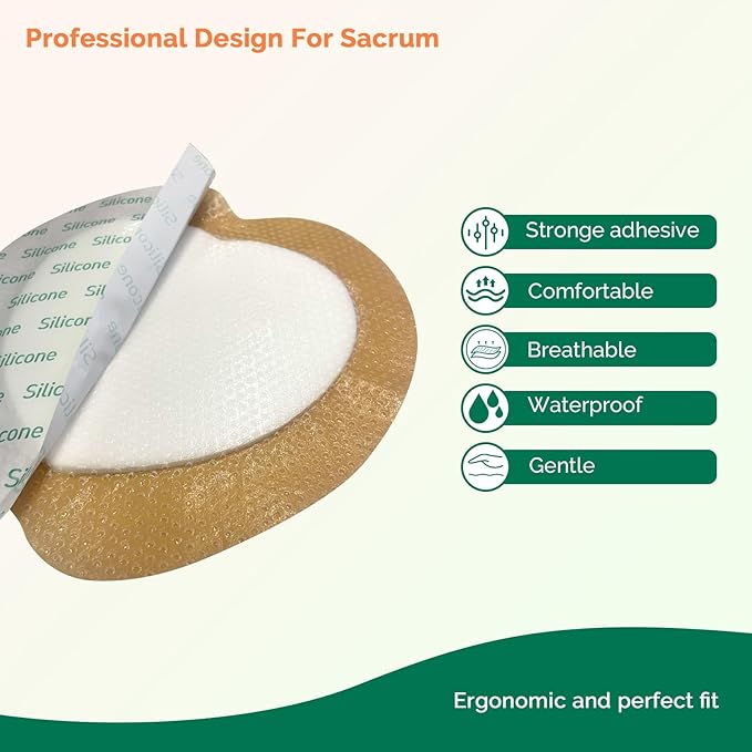 Sacrum Foam Dressing with Border - Silicone Adhesive 7"x7" Waterproof Sacral Wound Dressing - High Absorbent Pads Breathable Bed Sore Pressure Wound Care Bandages 5 Packs