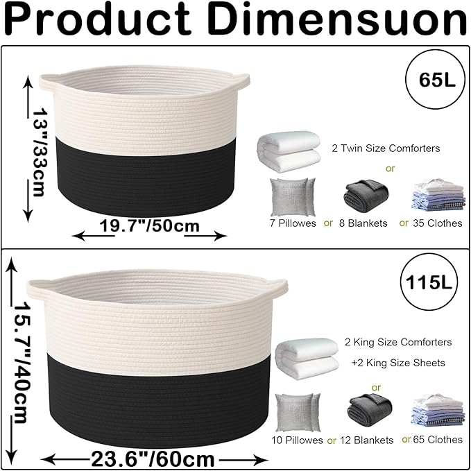 Large Storage Basket with Handle,19.7" L x 19.7" W x 13" H Blanket Basket Storage Bins for Organizing,65L Cotton Rope Woven Baskets for Living Room, Nursery ,Bedroom,White&Black