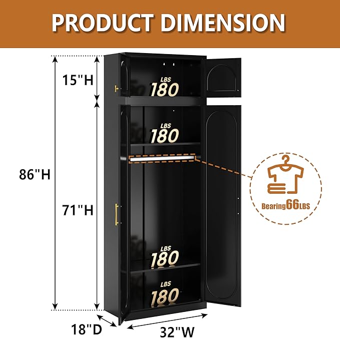 Metal Armoire Wardrobe Closet, 86 Inch Tall Freestanding Wardrobe Cabinet with Hanging Rod, Bedroom Armoires with Doors, 18" D x 32" W x 86" H, Black, Assemble Required, Shipped in Two Packages