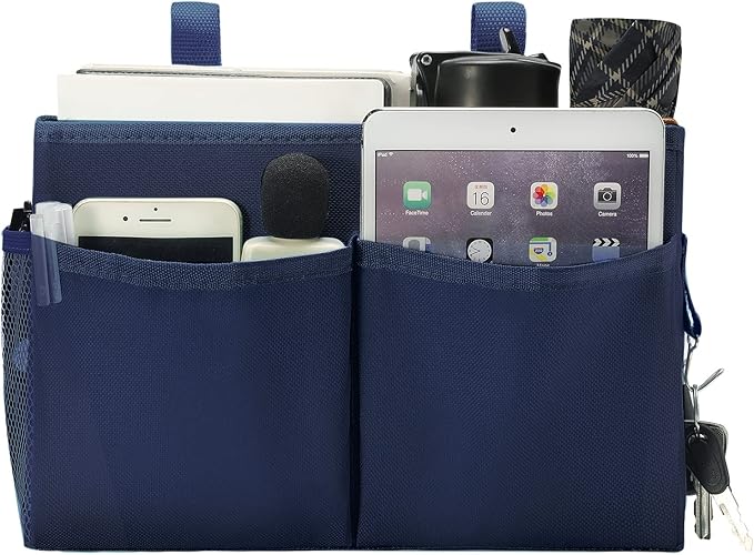 Bseash Bunk Bed Organizer, Bedside Caddy Hanging Bed Organizer Storage Bag with 4 Pockets and 2 Hooks, for College Dorm Rooms Bed, Hospital Bed, Baby Bed Rails, 600D Oxford Cloth (Navy Blue)