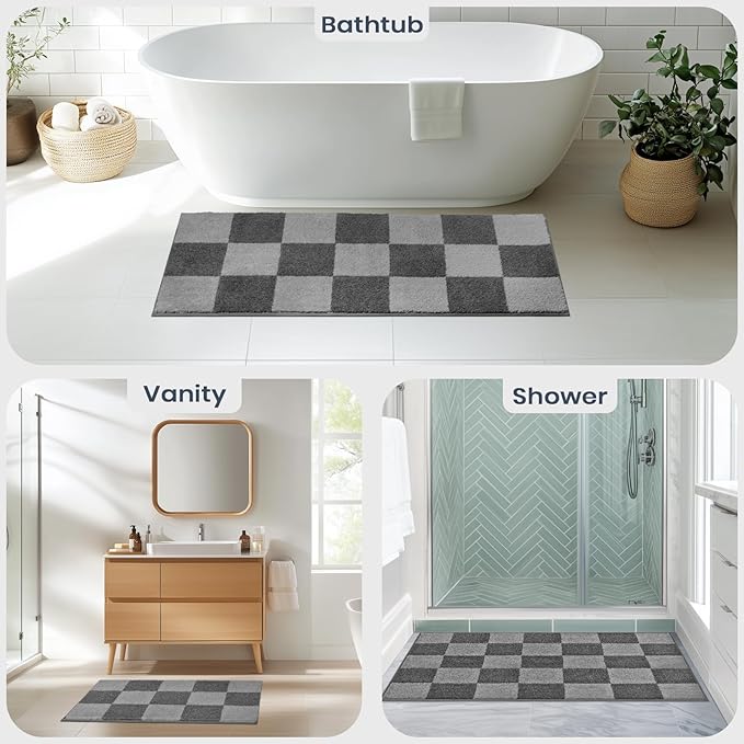 PURRUGS Bathroom Rug Non-Slip Machine Washable 24" x 60", Super Absorbent and Quick-Dry Bath Mat, Extra Soft and Plush Bath Rug for Shower, Bathtub and Sink, Grey & Dark Grey