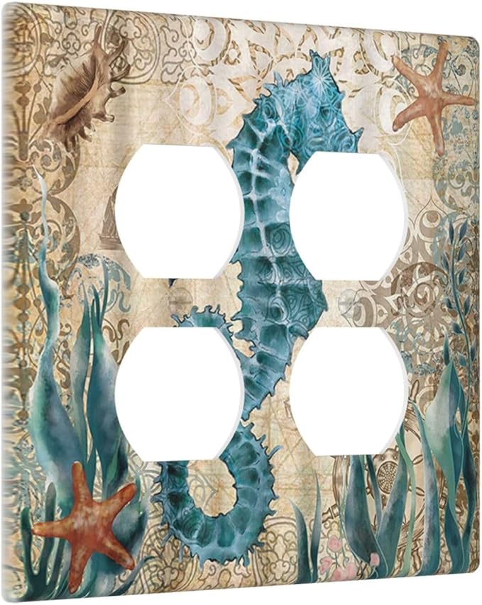 Hippocampus Funny Blue Ocean Creature Outlet Covers 2-Gang Duplex Light Switch Cover Plate Decorative Gfci Wall Plate Electrical Receptacle Switch Plate Covers Plug Faceplate for Bedroom Decor