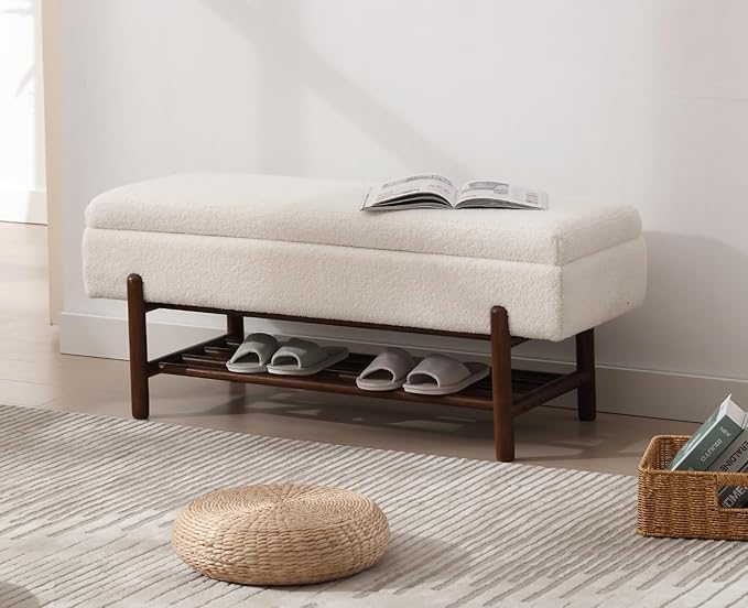 EALSON Modern Storage Ottoman Bench Sherpa Upholstered End of Bench with Seating and Wood Shoe Rack Long Entryway Bench for Bedroom/Living Room/Foyer, White
