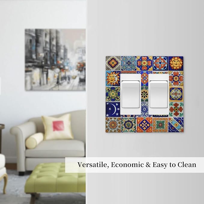 Decorative Outlet Covers Mid Century Talavera Shaped Tiles 2 Gang Double GFCI Rocker Electrical Wall Panels Light Switch Cover Plate for Bedroom Bathroom Decor