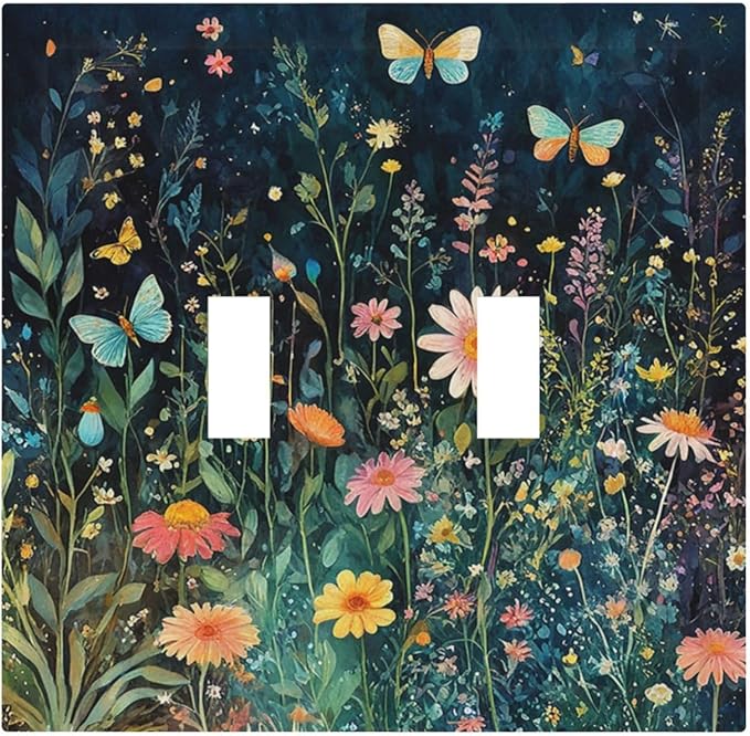 Decorative Switch Plates Boho Vintage Floral Flower Butterfly 2 Gang Double Toggle Outlet Light Switch Cover Wall Plate Electrical Faceplate for Bedroom Home Decor