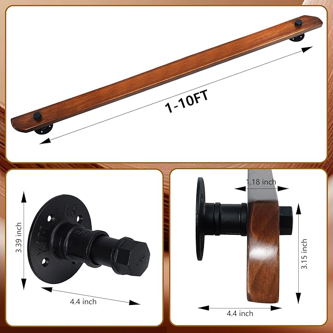 Wood Handrails, Indoor Non-Slip Staircase Handrail,Retro Rustic Wall Mount Railings Handrails, Home Loft Corridor Support Rod,Industrial Pipe Support, Easy to Install (Dark Wood, 9FT)
