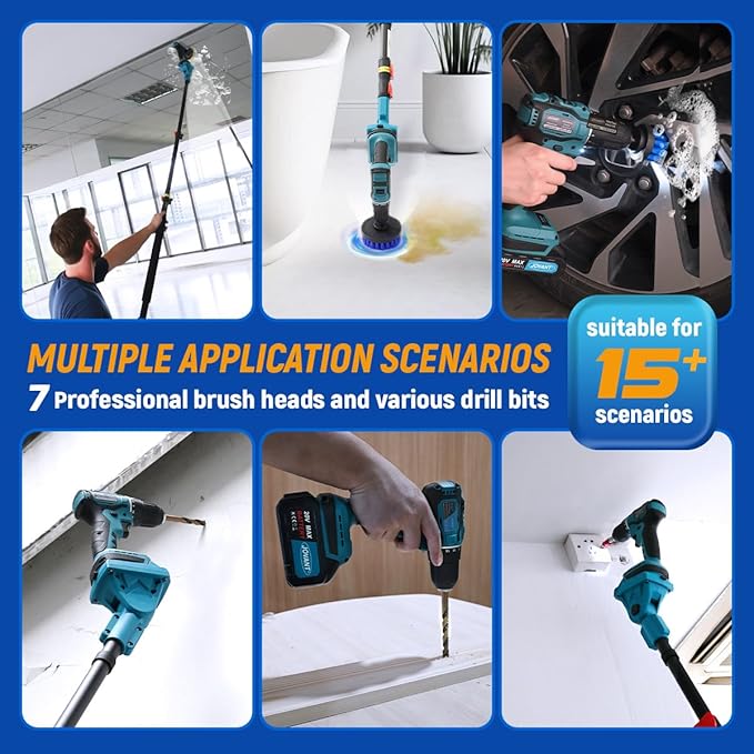 Cordless Power Drill Cleaning Tools Long Handle Scrub Brush for Surface Cleaning of Car Floors and Windows with 1*Max 20V Battery 2.4A Charger 1*Telescopic Rod 1*5MM Drill Bit 7*Pcs Drill Brush